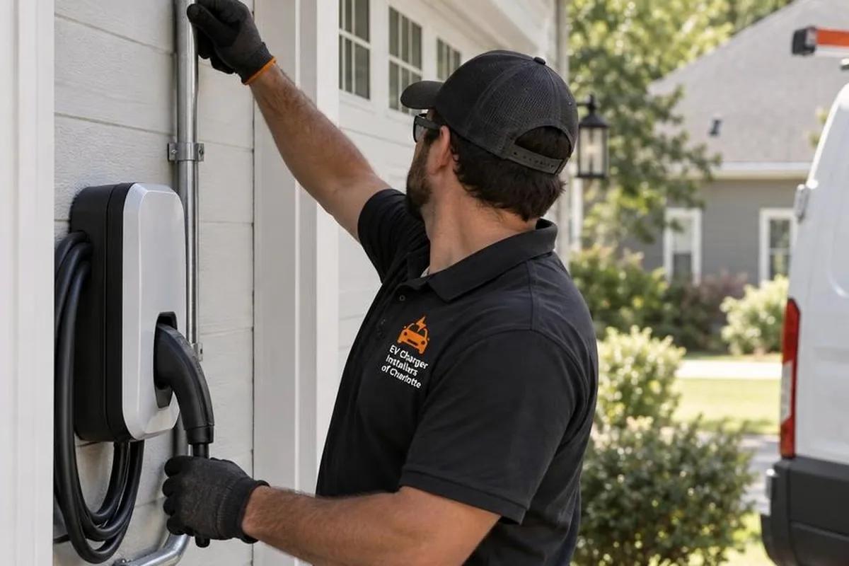 Electrician in gloves fitting a wall-mounted EV charger beside a white garage door