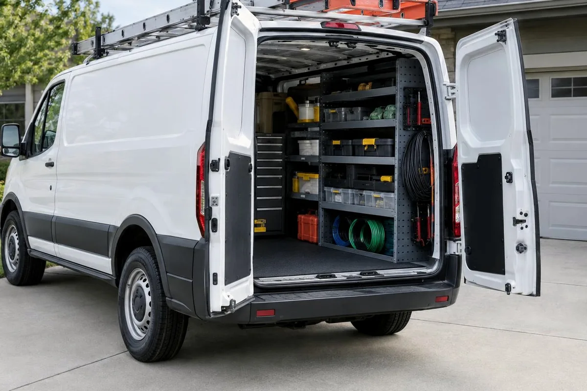 White work van with its rear doors open, showing shelves of tools and wire spools, parked in a driveway