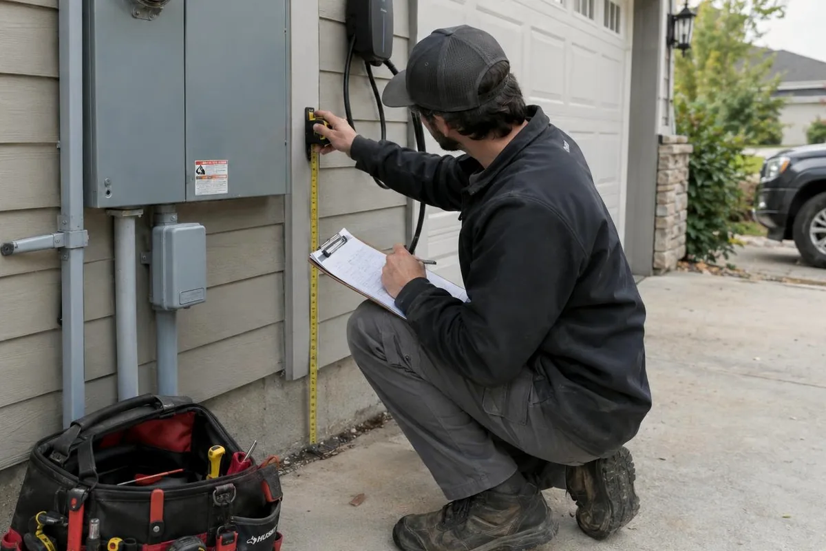 Electrician crouched beside an outdoor electrical panel, measuring the wall and writing on a clipboard