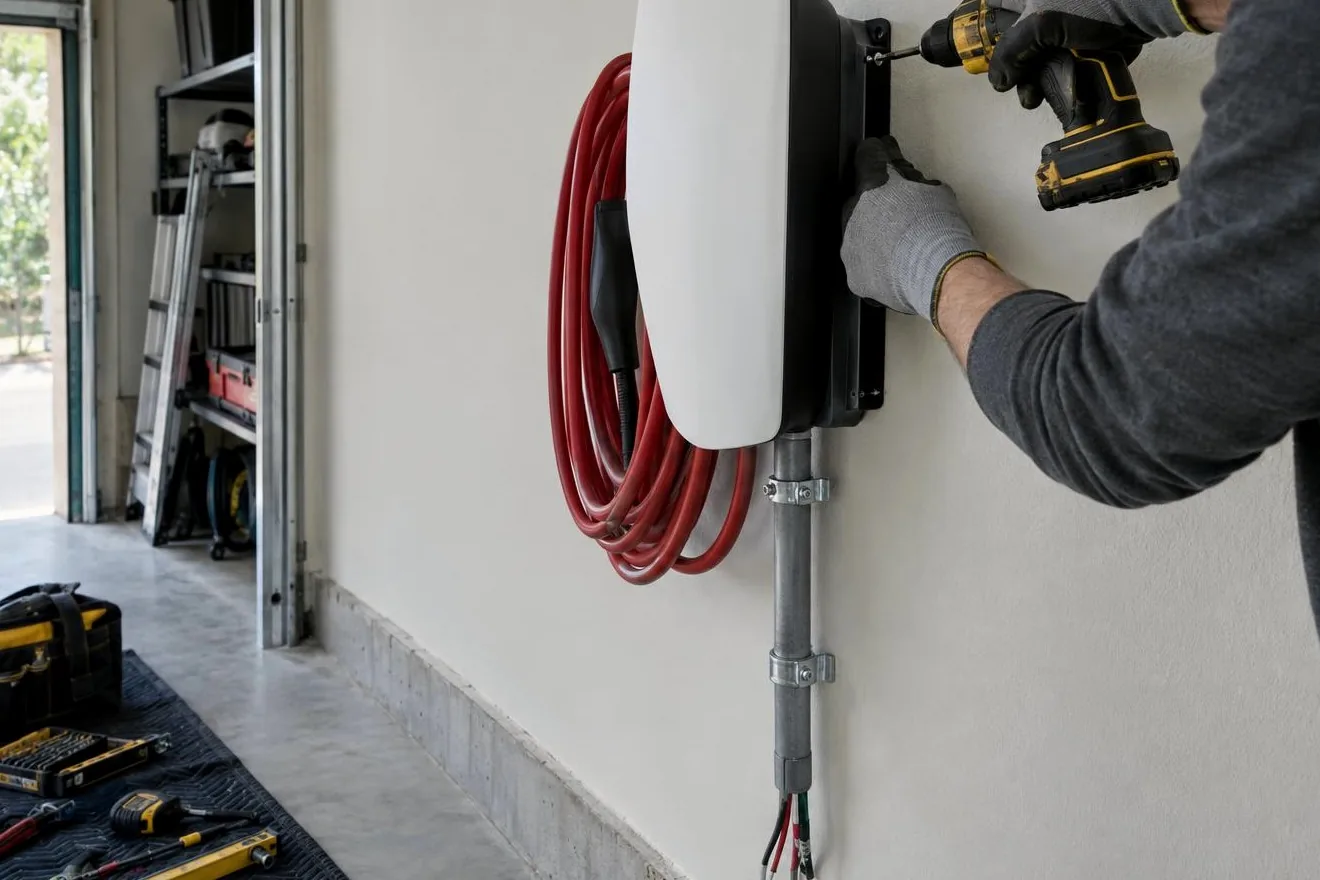 Gloved hand driving a screw into the mount of a white wall charger, with a red charging cable coiled beside it