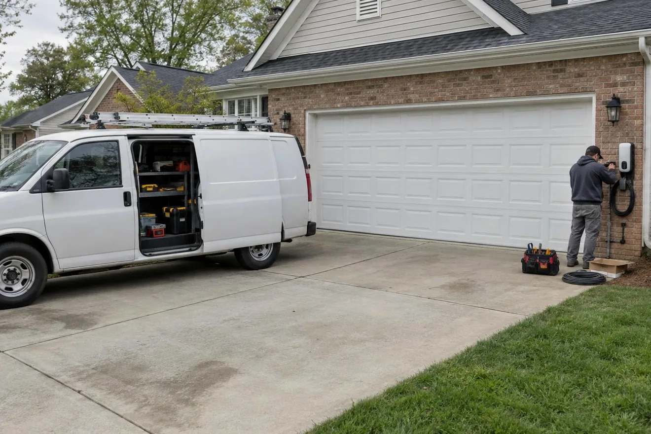 Electrician installing an EV charger beside a two-car garage, with a work van parked in the driveway